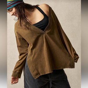 Brown V-Neck Long Sleeve Top